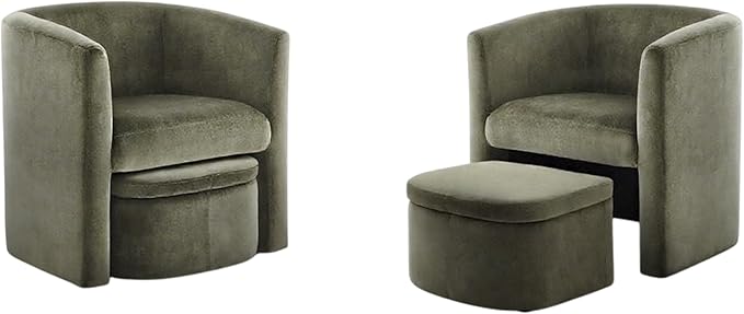 COLAMY Morden Velvet Barrel Accent Chair with Storage Ottoman Set of 2, Upholstered Living Room Side Chair, Single Sofa Armchair with Lounge Seat for Bedroom/Office/Reading Spaces, Green