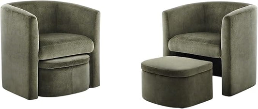 COLAMY Morden Velvet Barrel Accent Chair with Storage Ottoman Set of 2, Upholstered Living Room Side Chair, Single Sofa Armchair with Lounge Seat for Bedroom/Office/Reading Spaces, Green