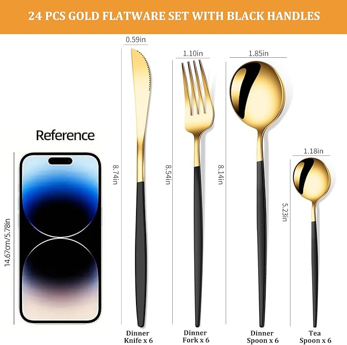 24 PCS Gold Silverware Set, Food-Grade Stainless Steel Flatware Set for 6, Cutlery Set Tableware with Black Handle, Steak Knives Forks and Spoons, Utensil Sets for Home Restaurant Hotel