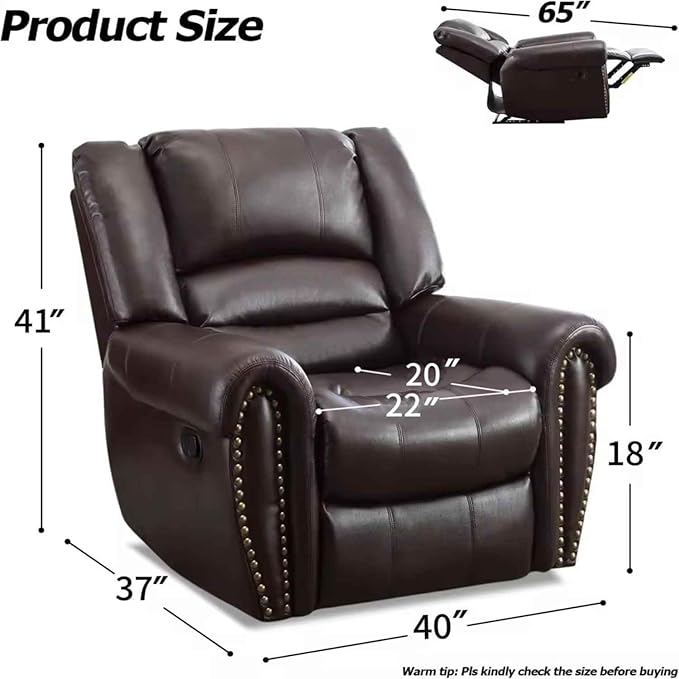 INZOY Leather Recliner Chair, Heavy Duty Manual Reclining Sofa Single Lounge Sofa for Living Room, Home Theater Seating, Brown
