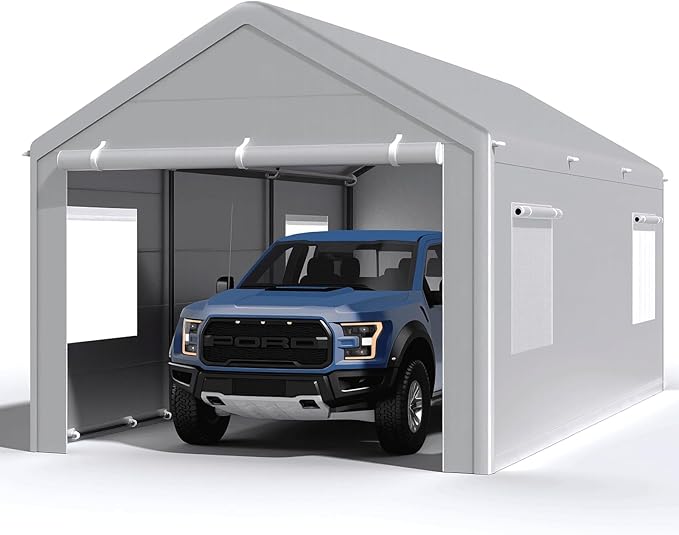 Carport 10x20 Ft, Heavy Duty Car Canopy with Reinforced Ground Bar, Portable Garage with Roll-up Windows and Removable Sidewalls, Galvanized Car Shelter, Large Outdoor Carports (Grey)