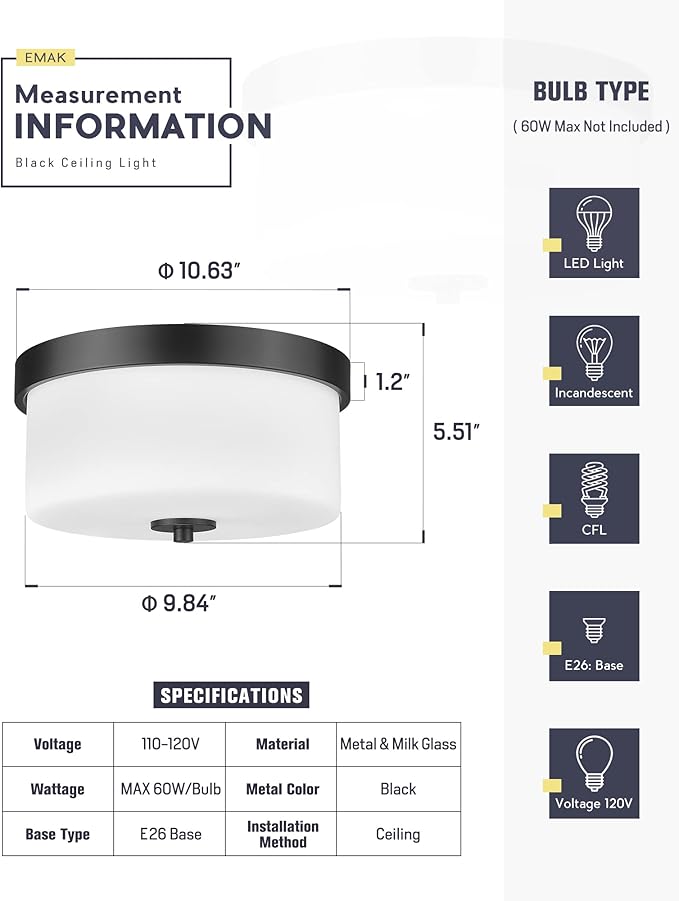 EMAK Black Modern Flush Mount Ceiling Light Fixture with Milk Glass, FM082-BK-ML