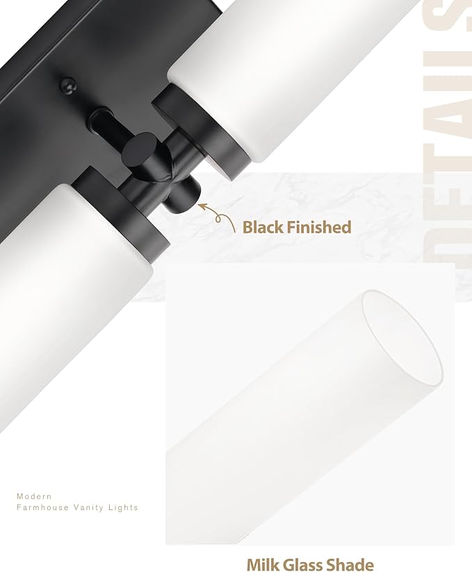 Emak Black Vanity Lights for Bathroom, Modern Farmhouse 2-Light Bathroom Light Fixtures Over Mirror with Milk Glass Shade, 21 Inch Cylinder Wall Sconces, VL086-BK-ML-2