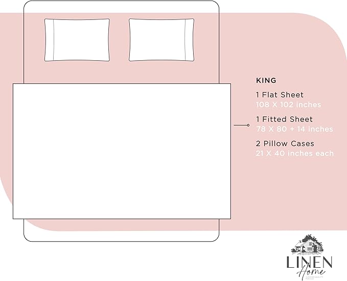 Linen Home 100% Cotton Percale Sheets King Size, English Rose, Deep Pocket, 4 Pieces Set - 1 Flat, 1 Deep Pocket Fitted Sheet and 2 Pillowcases, Crisp Cool and Strong Bed Linen