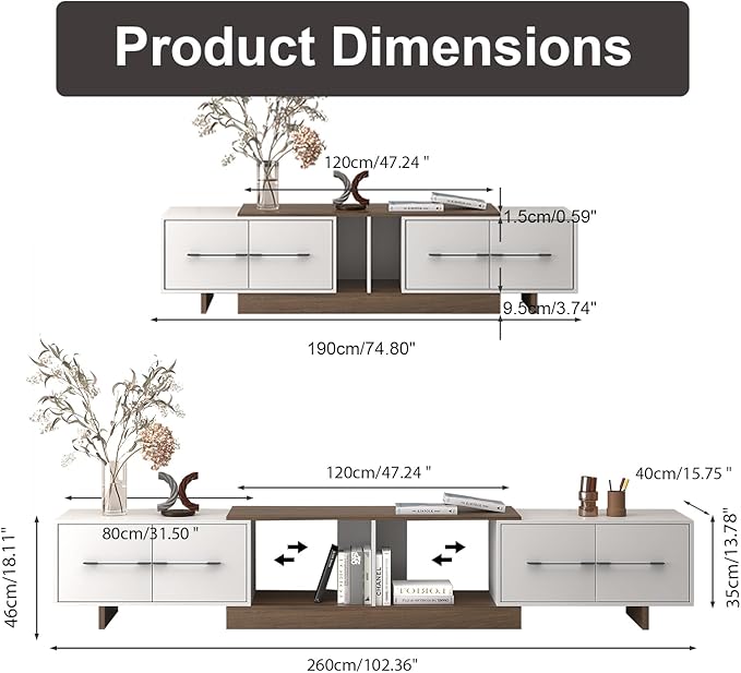Extendable TV Stand, Modern TV Console for Up to 120 Inch TV, Entertainment Center with 4 Large Drawers & Open Shelf, Media Console for Living Room - White & Walnut (Extendable 74.80"-102.36")
