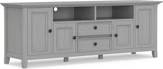 SIMPLIHOME Amherst 72-inch Wide Solid Wood TV Stand in Fog Grey, Transitional-Style Media Console for Living Room with Cable Management and Adjustable Shelves, Fits 80" TVs