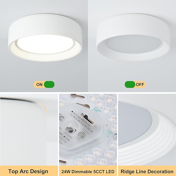Dimmable Flush Mount Ceiling Light White,24W LED Ceiling Light Fixture,3000K-6500K 5CCT Round 11.81 in Modern Lighting Fixtures for Laundry Room Hallway Kitchen