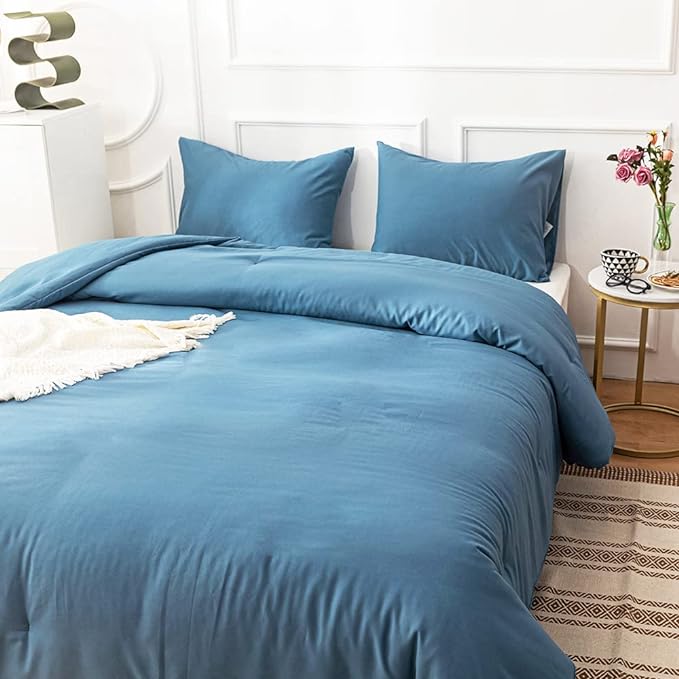 Cottonight Blue Comforter Sets Full Lake Blue Bedding Set Blanket Quilt Solid Color Modern Breathable Soft Full Bedding Comforter Sets for Women Men