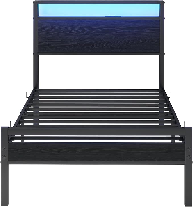 Twin Bed Frame with Storage Headboard/LED Lights,Metal Bed Frame Twin Size with Charging Station,Twin Platform Bed Frame No Box Spring Needed,Beds Base,Heavy Duty Metal Slats Support,Black