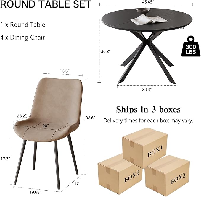 46.4" Round Dining Table Set with 4 Chairs, Modern Dining Set with Comfortable PU Leather Chairs, Sturdy MDF Table with X-Shaped Base, Easy Assembly, Ideal for Dining Room or Kitchen
