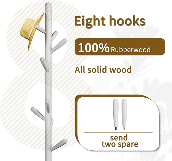 Solid Wood Round Base Coat Rack, Free Standing Hall Coat Tree with 8 Hooks（+2 spare for Coats, Hats, Bags, Purses, for Entryway, Hallway, Rubberwood Hooks,Base and Pole(Round Base,White)