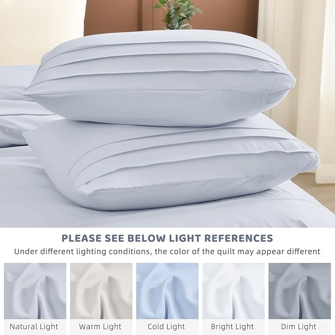 Sanracie Cotton King Comforter Set(106"x 95"),3Pcs Soft Lightweight Pinch Pleated Bedding Set,Cornflower Blue Colored Shabby Boho Chic Aesthetic Bedroom Sets