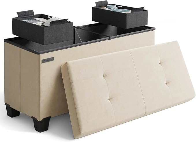 STORAGEBUD Storage Ottoman Bench with Bins, 30-in Storage Bench for Bedroom End of Bed, Folding Foot Rest Ottoman for Living Room Max 660lbs, Velvet Ottomans, Beige