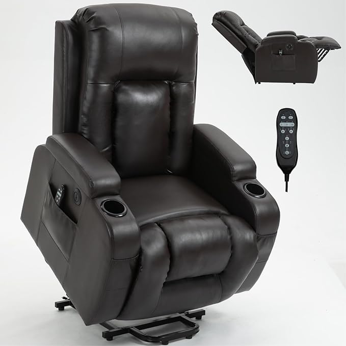 PELUMY Power Lift Recliner Chair for Elderly with Massage & Heat - Heavy Duty Electric Lift Chair, Oversized Recliner, Lay Flat, 8-Point Vibration, Lumbar Heating, USB Port, Cup Holders (Brown)