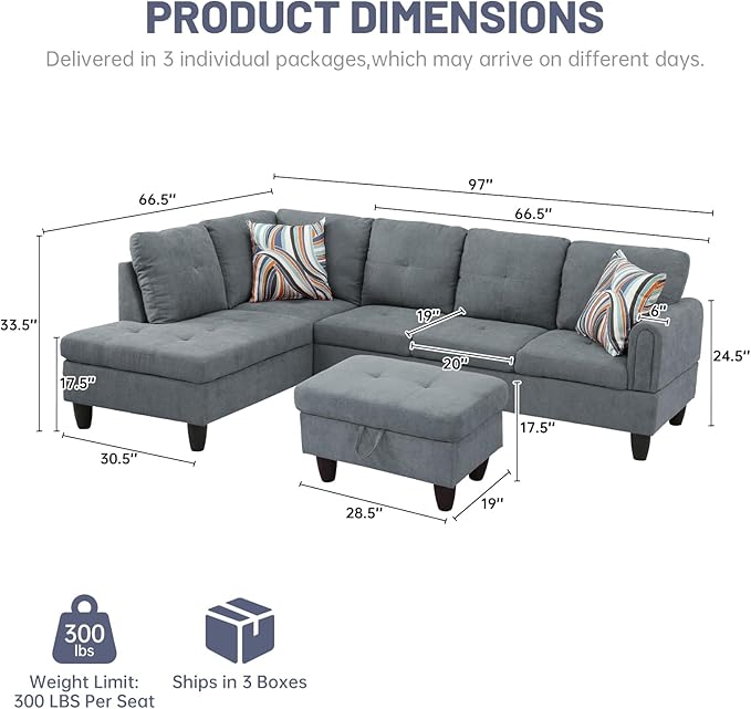 L-Shape 3-Piece Cloud Sofa, Couch for Living Room, Dark Grey Fluffy Fabric L-Shape with Reversible Chaise & Storage Ottoman, Ergonomic 110–115° Recline, Solid-Wood Frame