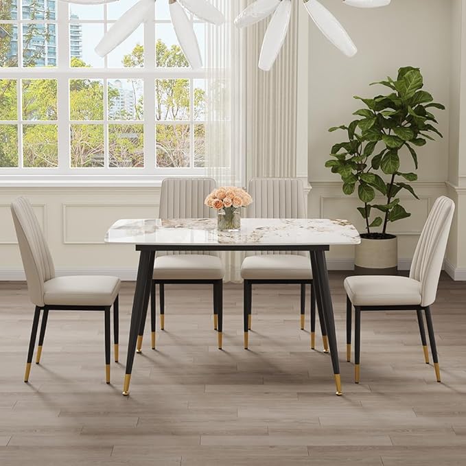 5 Pieces Modern Marble Dining Table Set, 50" Rectangular Sintered Stone Tabletop Kitchen Table with 4 PU Leather Chair Dinner Table Set for Kitchen Dining Room(Marble+4Gray Chairs)