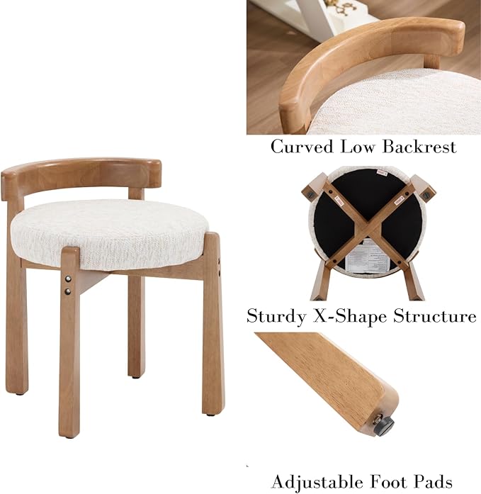 DUOMAY Modern Chenille Vanity Stool, Upholstered Low Back Ottoman with Solid Wood Legs Cute Round Footrest Makeup Stool Dressing Seat for Living Room Bedroom, Beige