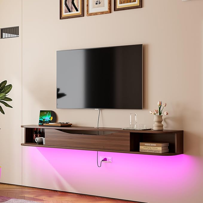 Floating TV Stand,70'' Wall Mounted TV Cabinet,Floating TV Console,Under TV Shelf with 1 Door and 2 Cabinets for TVs up to 75''(Walnut)