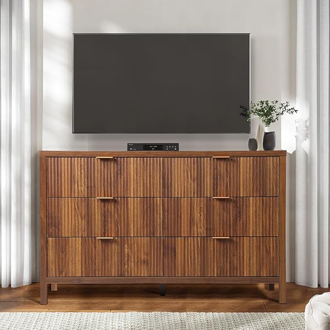 Fluted 6 Drawer TV Stand Dresser for Bedroom, Mid Century Modern Dresser with Drawers, MDF Wooden Chest of Drawers, Fluted Cabinet for Closet Cloth, Living Room, Entryway -Walnut