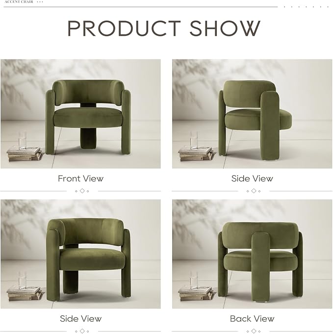 COLAMY Modern Velvet Accent Chair, Upholstered Barrel Chair, Comfy Side Arm Chair with 3 Legs for Living Room, Bedroom, Reading, Green
