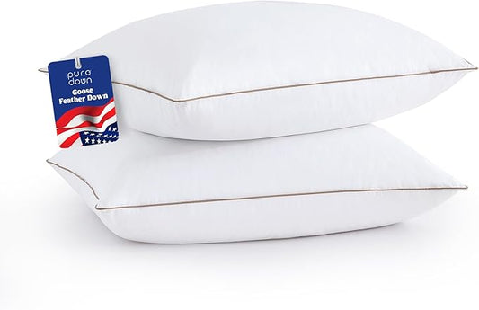 puredown® Goose Feathers and Down Pillows - Made in USA Pillow Soft & Fluffy Hotel Pillows King Size Set of 2, 100% Cotton Cover, Luxury Feather Pillow for Back, Stomach or Side Sleepers