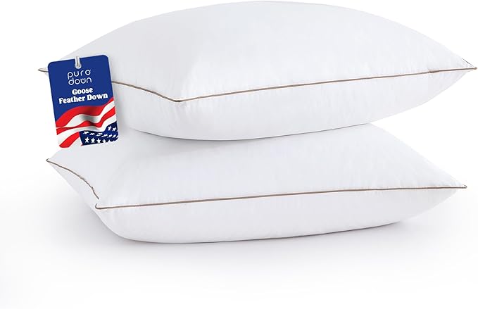 puredown® Goose Feathers and Down Pillows Queen Size Set of 2 - Made in USA Soft Fluffy Hotel Pillow, 100% Cotton Cover, Luxury Medium Firm Feather Pillows for Back, Stomach or Side Sleeper