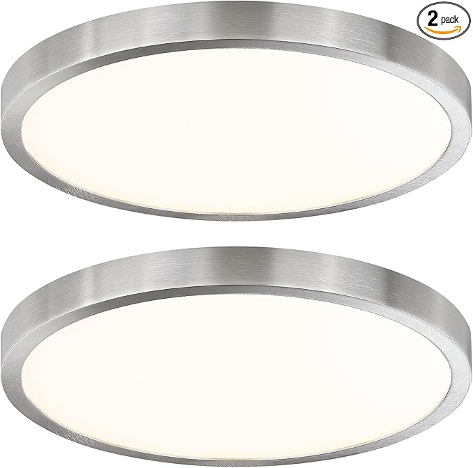14 Inch Flush Mount LED Ceiling Light Fixture, Slim Dimmable Flush Mount Light for Kitchen, Metal and Glass Modern Ceiling Light for Low Ceiling, Bedroom, Laundry, Brushed Nickel, 26W, 3000K, 2 Pack