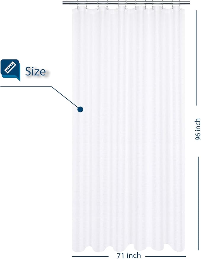 BAROSSA design XLong Fabric Shower Curtain with 96 inch Height, Waffle Weave, Hotel Luxury Spa, 230 GSM Heavyweight, Water Repellent, Machine Washable, White Pique Pattern Decorative Bathroom Curtain