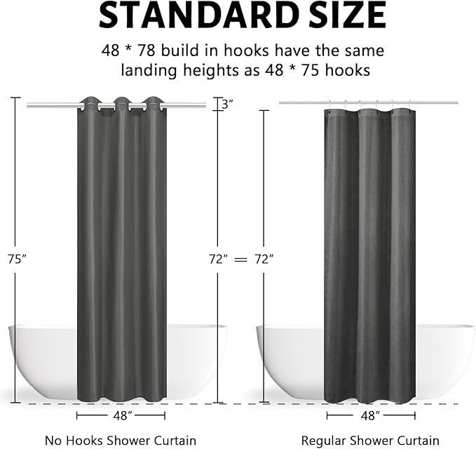 Furlinic Dark Grey No Hook Small Stall Shower Curtain 48x78 Inch,Half Narrow Size Polyester Fabric Bathroom Curtains with 6 Plastic Split Grommets,Hotel Quality Waterproof Washable Bath Curtain