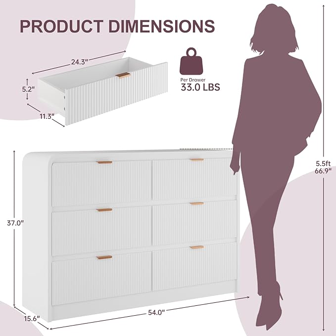 FURSUN Fluted 6 Drawers Dresser for Bedroom, 54" Wide Wooden Dresser with Metal Handle, Curved Profile Design, Modern Storage Organizer for Living Room, Hallway (White)