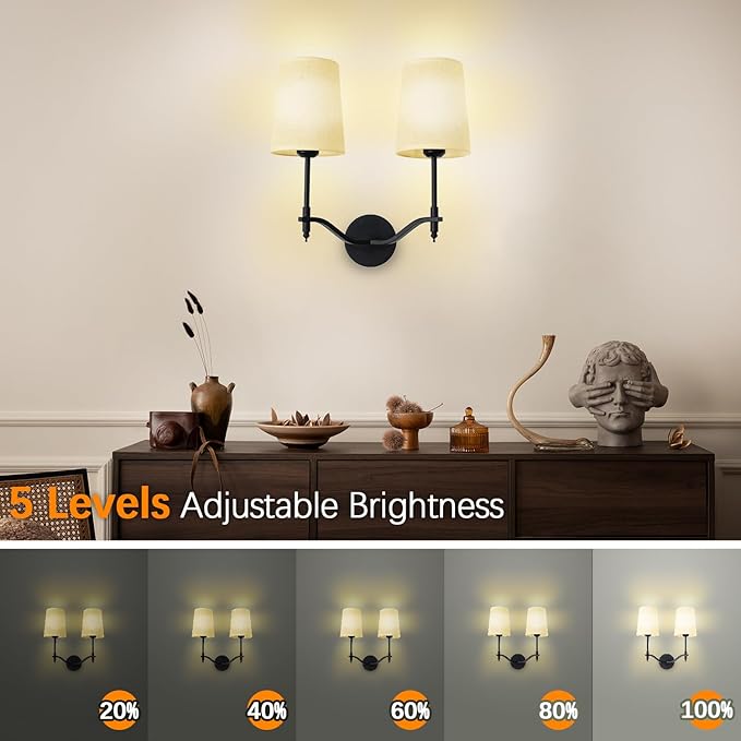 Wall Lights Battery Operated Wall Sconces 2-Light, Black Rechargeable Wall Sconce with 15 RGB Dimmable Detachable Bulbs and Remote, Wireless Battery Powered Wall Lamp for Living Room Bedroom