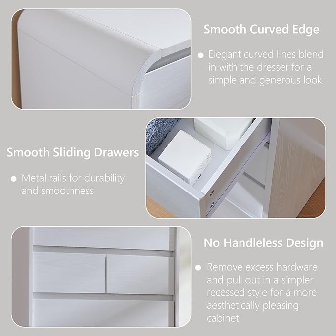 Modern 7 Drawers Dresser for Bedroom, 55" Tall Dressers & Chest of Drawers w/Curved Profile Design, Wood Mid Century Vertical Storage Dressers Organizer for Bedroom, Living Room, White