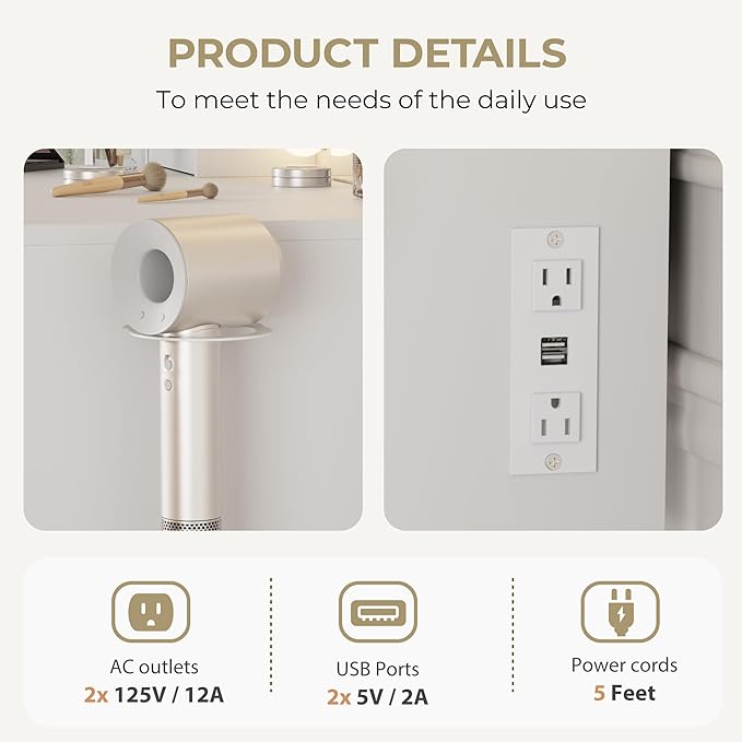 Vanity Desk with Mirror and Lights, 3 Adjustable Lighting Makeup Vanity Desk with 3 Storage Shelves, 5 Large Drawers and Power Outlet, Vanity with Chair for Bedroom, White