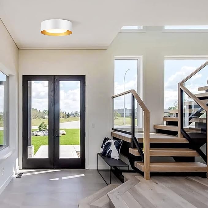 Vikaey Modern Mid Century Flush Mount Ceiling Light, 2-Light Minimalist Round Close to Ceiling Light Fixture, White Drum Ceiling Lamp with Glass Lampshade for Bedroom, Hallway, Kitchen, 12.5in