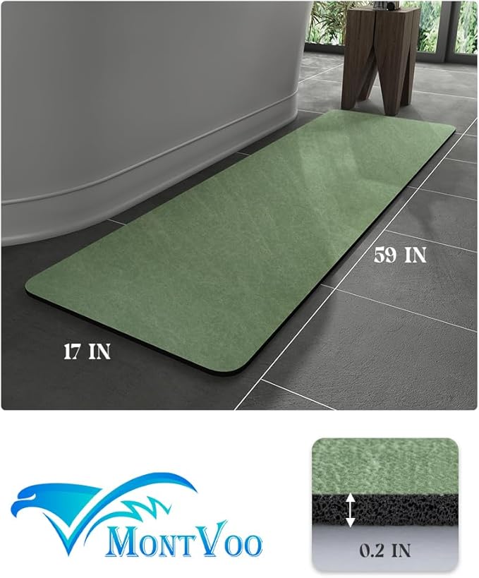 MontVoo -Bath Mat Rug-Rubber Backing Non Slip Quick Dry Absorbent Thin Bathroom Rugs Fit Under Door-Faux Suede Surface Bathroom Floor Mats-Shower Rug for in Front of Bathtub Shower Sage Green 17"x59"