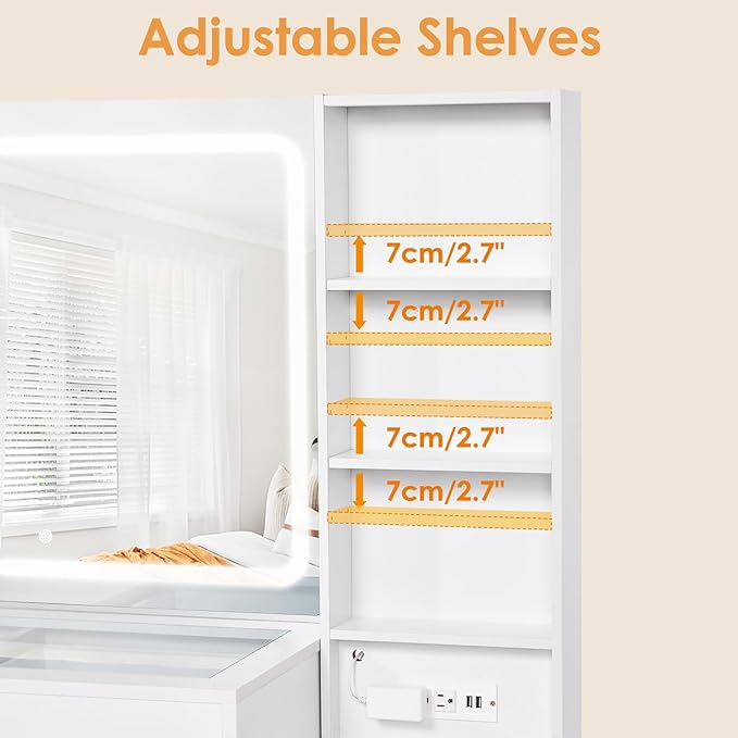 BEWISHOME Makeup Vanity Desk with Mirror and Lights,White Vanity Table with Glass Top,Makeup Desk with Power Outlet,5 Drawers,3 Lighting Modes,Stool,Nightstand,Dressing Table for Bedroom Girls FST29W