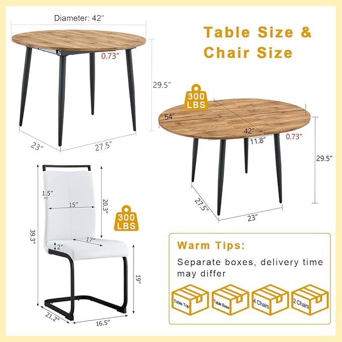 42"-54" Extendable Dining Table Set for 6, Oval Dining Table Set for 6, 0.73" Thick Wood Tabletop with Smooth Edge, Black Metal Leg with Non-Slip Footmat, 6 Soft PU Chairs, for Kitchen, Small Space