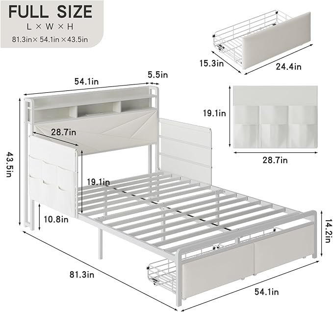 Maupvit Full Bed Frame with Storage Headboard and Drawer,Upholstered Platform Bed Frame with LED Lights & Charging Station,Full Size Bed with Guardrail,No Box Spring Needed,Beige