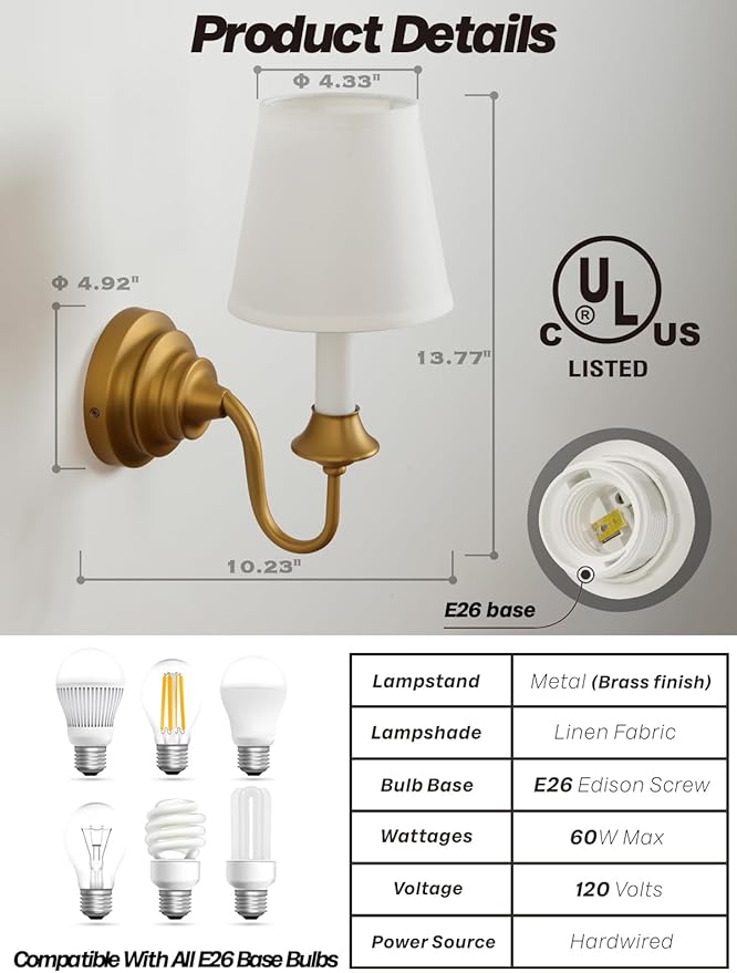 Vintage Fabric Wall Sconce Light with Curved Arm, Rustic Linen Cloth Wall Light Fixtures, Hardwired Brass Wall Mounted Lamp for Bathroom Vanity Bedroom Living Room