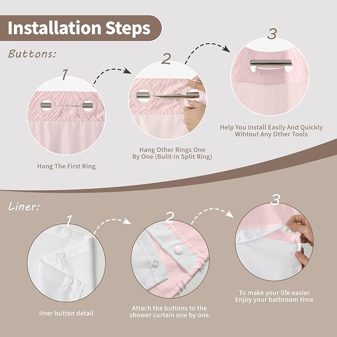 stall no Hook Tufted Shower Curtain with snap in Liner Set, White Waterproof Fabric Inner Liner,Boho Style Shower Curtain with See Through top Window, Pink, 36Wx74H