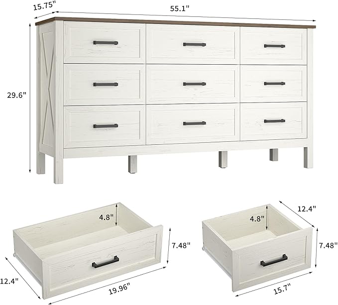 Farmhouse Dresser for Bedroom, 9 Drawers Dresser with Metal Handle, Natural Texture, Wood Rustic Chest of Drawers for Bedroom,Living Room,Hallway and Entryway, Antique White