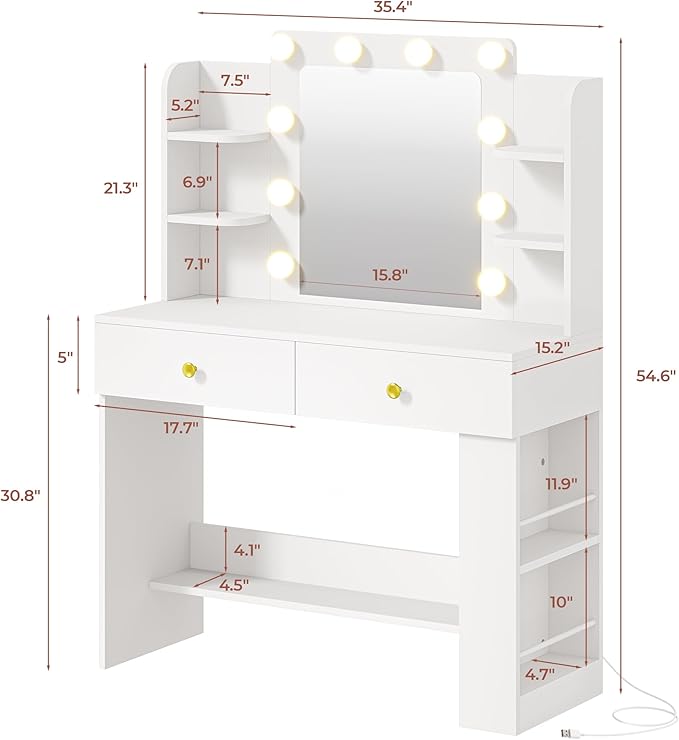 IRONCK Vanity Desk with Mirror and Lights, Small Makeup Vanity Table with 3 Color Modes, 2 Drawers, 2 Side Shelves & Open Storage Shelves, Dressing Table for Bedroom,White