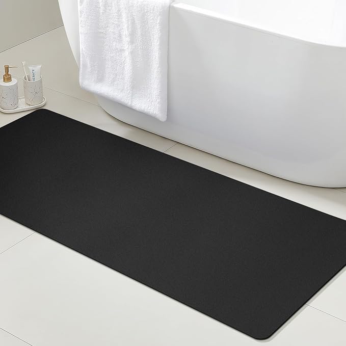Ultra Thin Non-Slip Bath Mat Fit Under Door, Upgrade Backing Non Slip Bath Mat, Quick Dry Ultra Absorbent Bathroom Rugs, Machine Washable Bath Mats for Bathroom, Bathtub & Kitchen, Black, 48"x20"