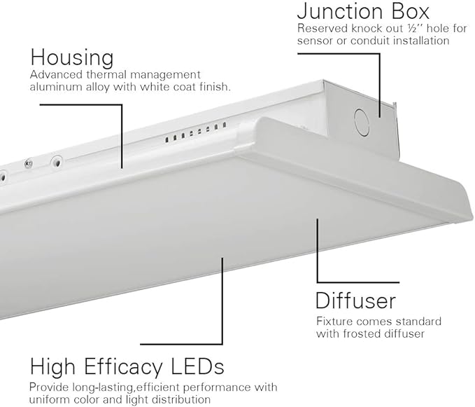 4FT LED High Bay Light - Pack of 2-300W - 42000LM - 1-10V dimmable - 5000K - UL and DLC Listed - Replaces 8 Lamp Fluorescent T5 Fixture