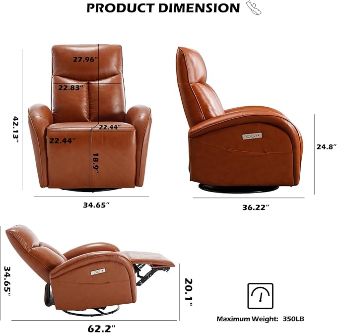 Power Rocker Recliner with 270° Swivel and 30° Rock, Genuine Leather Recliner Swivel Chair with USB and Type-C Ports, Red Brown Recliner Chairs for Adults, 22.4" Extra Wide
