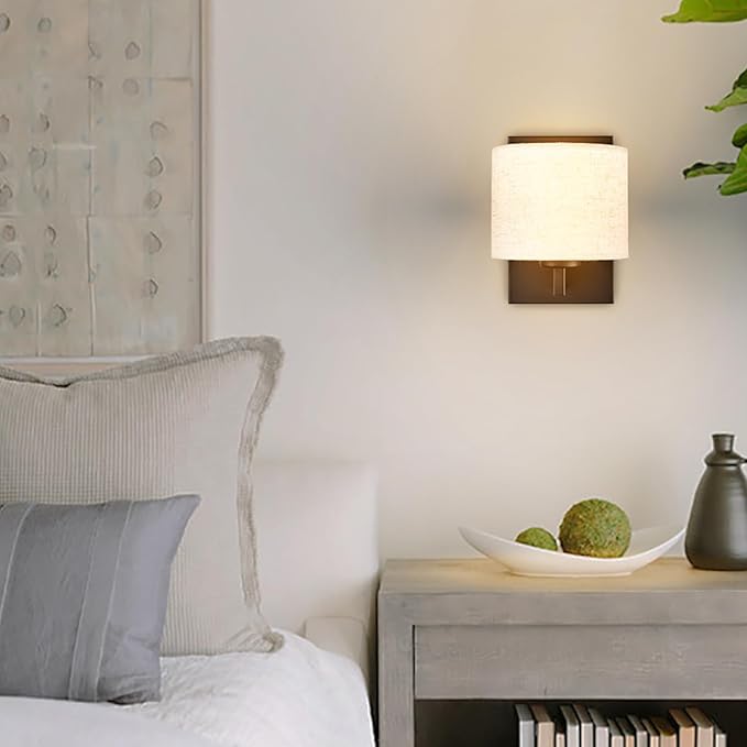 SAMTEEN Farmhouse Black Wall Sconces Set of Two Modern Fabric Shade Sconces Wall Lighting Black Wall Lamp with Drum Shade for Bedroom Bedside Living Room (Beige Shade)
