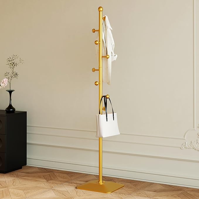 Gold coat rack,Metal coat hanger stand,Coat Tree freestanding Heavy duty with 8 Hooks and Cast iron base for coats,Hat,scarf,jacket,purse