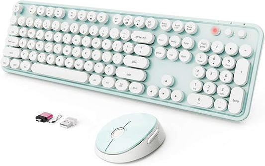 Wireless Keyboard and Mouse Combo, Ergonomic Full Size Typewriter Retro Round Keycaps Keyboard, Compatible with Windows, PC, Perfer for Home and Office Keyboards（Green）
