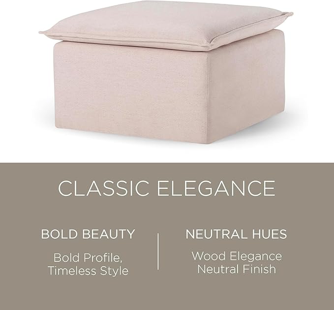 Maven Lane Claude Large Square Rustic Upholstered Ottoman, Cushioned Footrest for Living Room Couch, Chair, or Dorm Room in Cream Fabric Upholstery