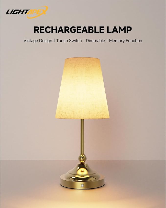 Lightapex Vintage Small Cordless Table Lamps with Stepless Dimming, Portable Rechargeable Bedside Lamps with Touch-Control for Bedroom, Living Room, and Reading, Cone(Brassy)